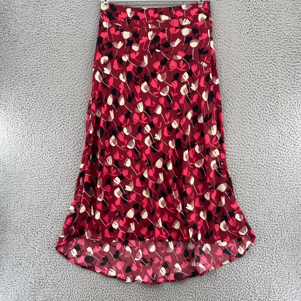 CAbi Skirt Womens 0 Corsage Red Pink Floral A Line Ruched Midi Flat Front Flowy